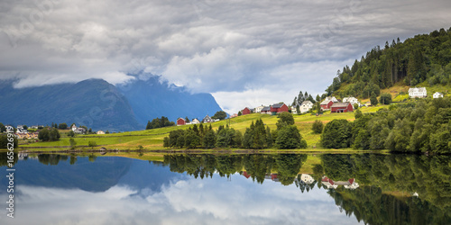 Panorama view landscape of Nordic village in Norwegian fjord