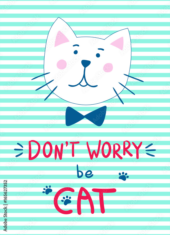 Head of a cute kitten with the bow tie. Handwritten inscription-pun Don