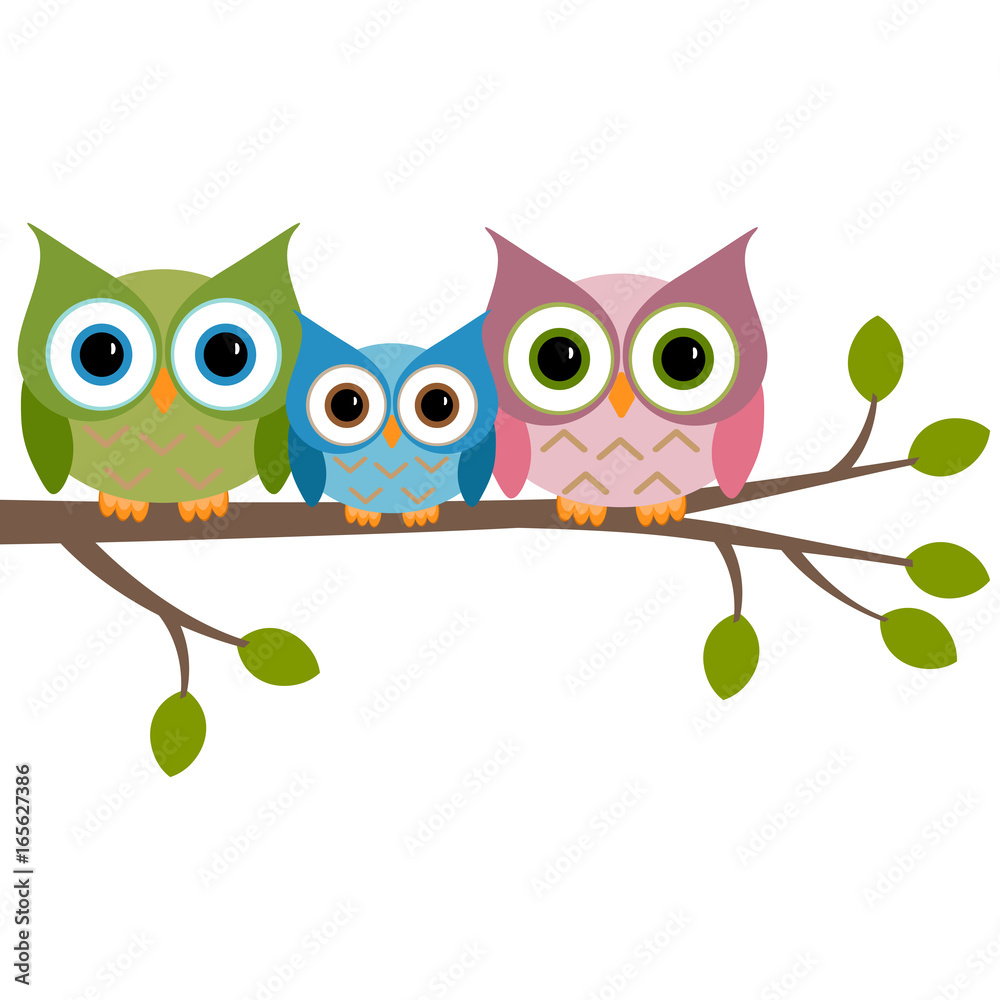 Fototapeta premium Owls family sitting on a branch