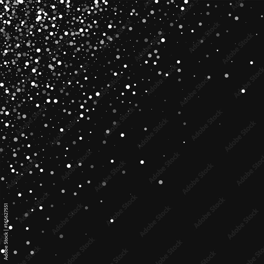 Random falling white dots. Scattered top left corner with random falling white dots on black background. Vector illustration.