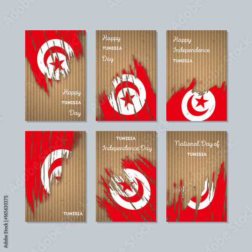 Tunisia Patriotic Cards for National Day. Expressive Brush Stroke in National Flag Colors on kraft paper background. Tunisia Patriotic Vector Greeting Card.