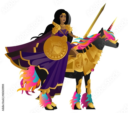 african fantasy warrior princess with armored unicorn horse 