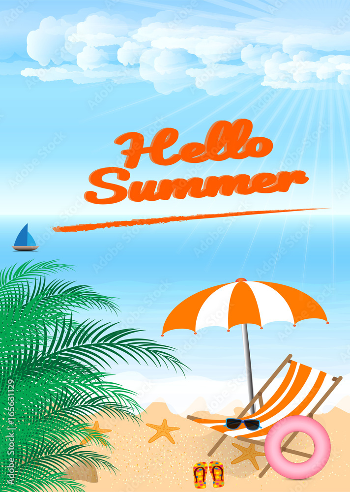 Summer beach design in the seashore with beach umbrella and chair.  Background Vector