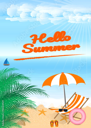 Summer beach design in the seashore with beach umbrella and chair. Background Vector