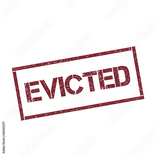 Evicted rectangular stamp. Textured red seal with text isolated on white background, vector illustration.
