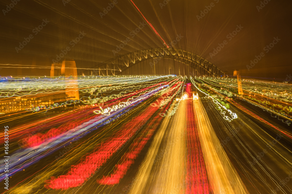 Night light trails from Sydney Harbour Bridge