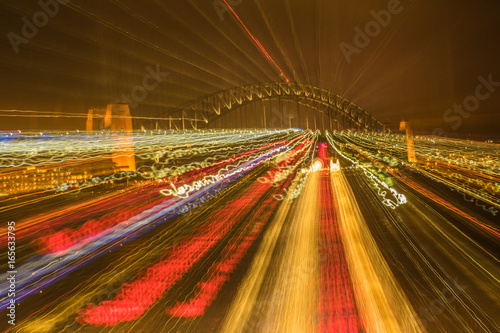 Night light trails from Sydney Harbour Bridge