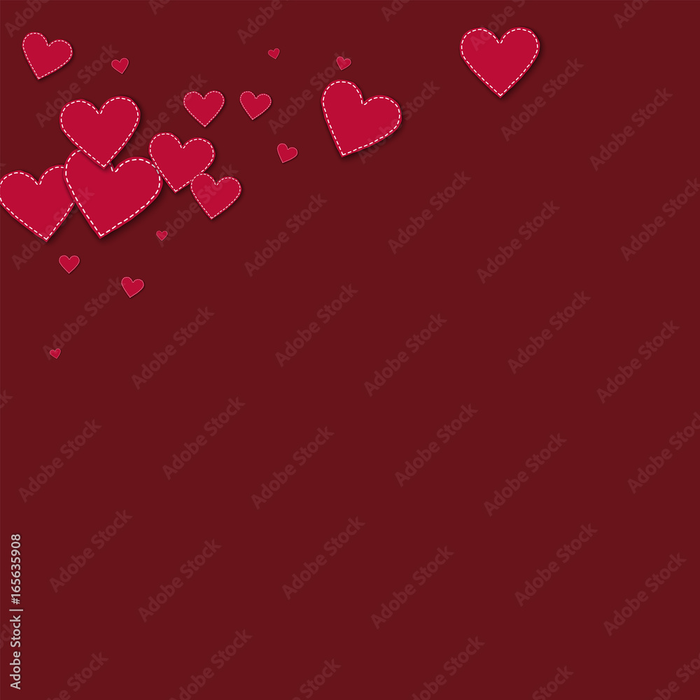 Red stitched paper hearts. Top left corner on wine red background. Vector illustration.