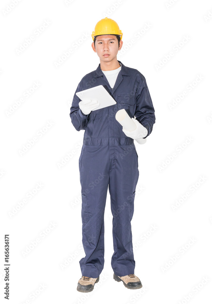 Worker using a tablet and holding blueprint on white Worker using a tablet and holding blueprint on white