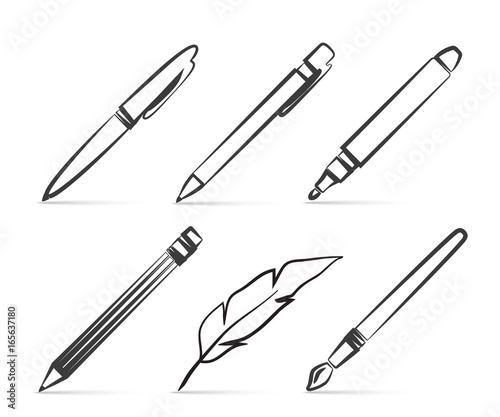 Collection of vector icons for writing and art tools in the style of linear design