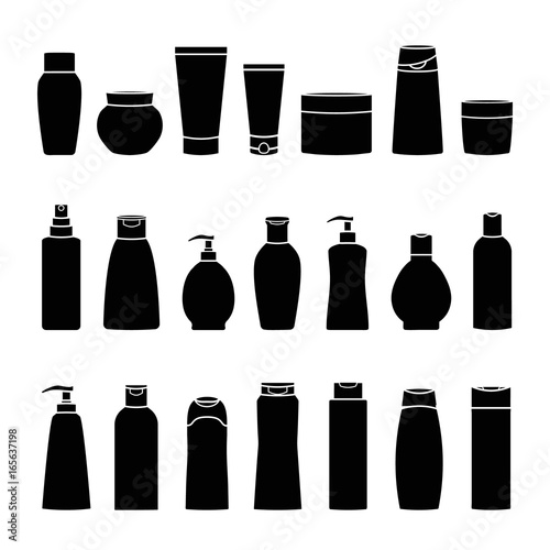 Set of black cosmetic cans and bottles icons