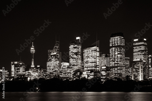 Beautiful illuminated Sydney Skyline at night in black and white