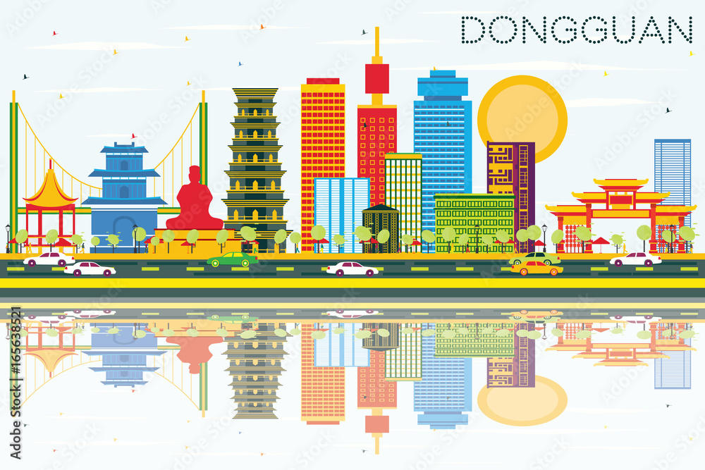 Dongguan Skyline with Color Buildings, Blue Sky and Reflections.