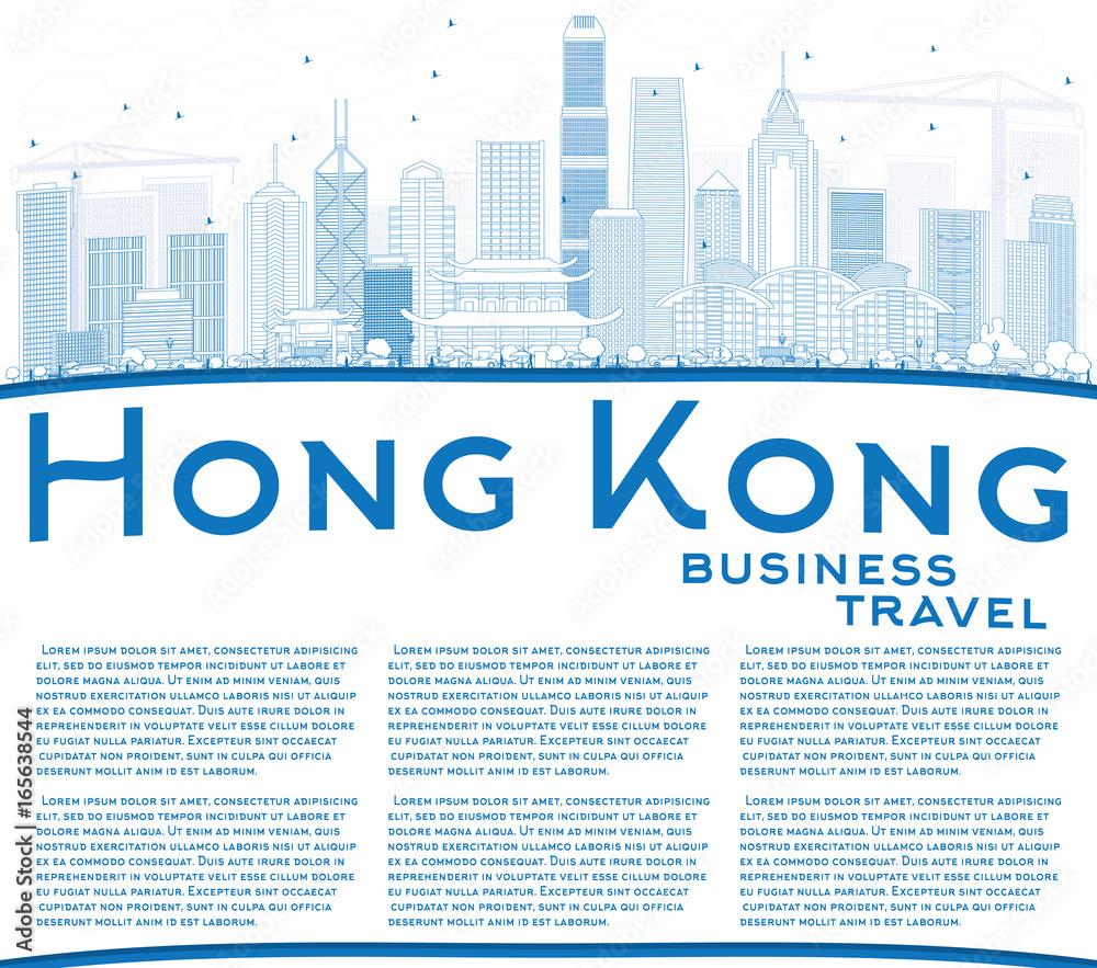Outline Hong Kong Skyline with Blue Buildings and Copy Space.