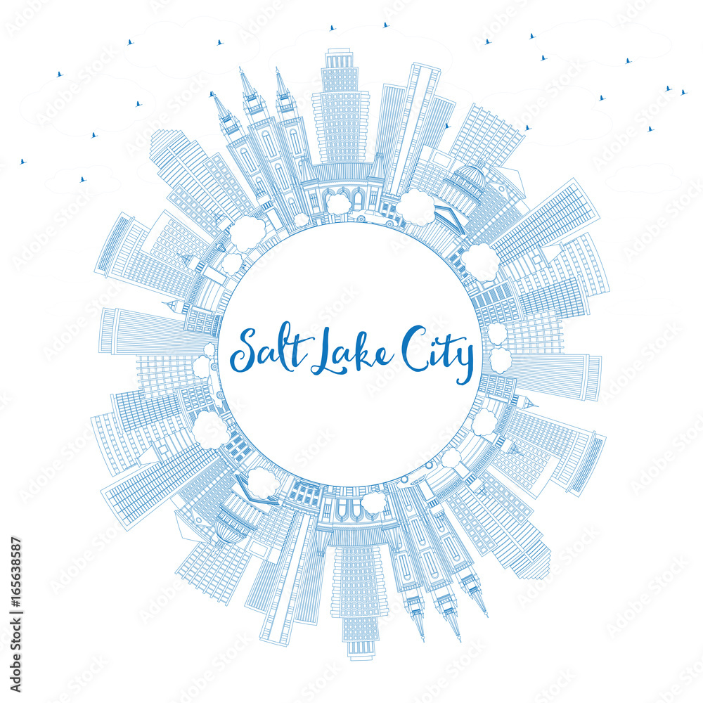 Outline Salt Lake City Skyline with Blue Buildings and Copy Space.