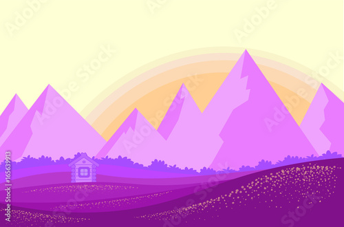 purple mountains. simple landscape background. lonely house in the forest. flat design, vector illustration.