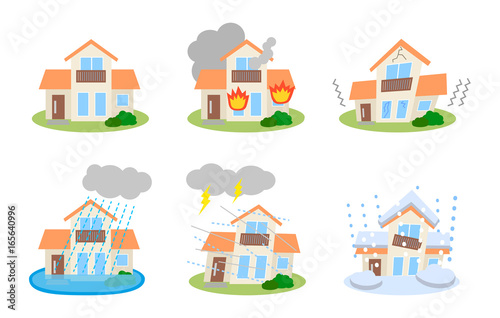 災害を受ける住宅のベクターイラストセット