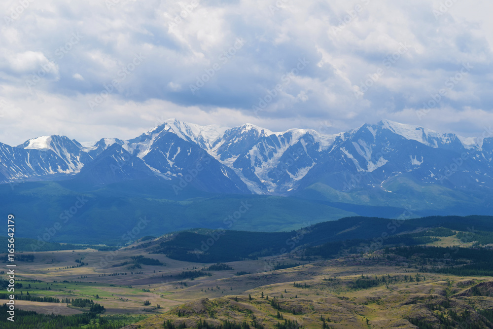 Landscape of glaciers of North-Chuyski ridge and Kurai steppe in Altai mountains. Altay Republic, Siberia, Russia.