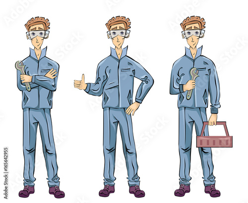Mechanic or fitter plumber man holding a wrench, tool box and showing thumbs up gesture. Vector illustration set, isolated on white background.