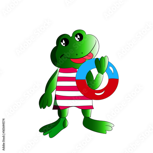 A merry frog with a bathing circle in his hand  a cartoon on a white background.
