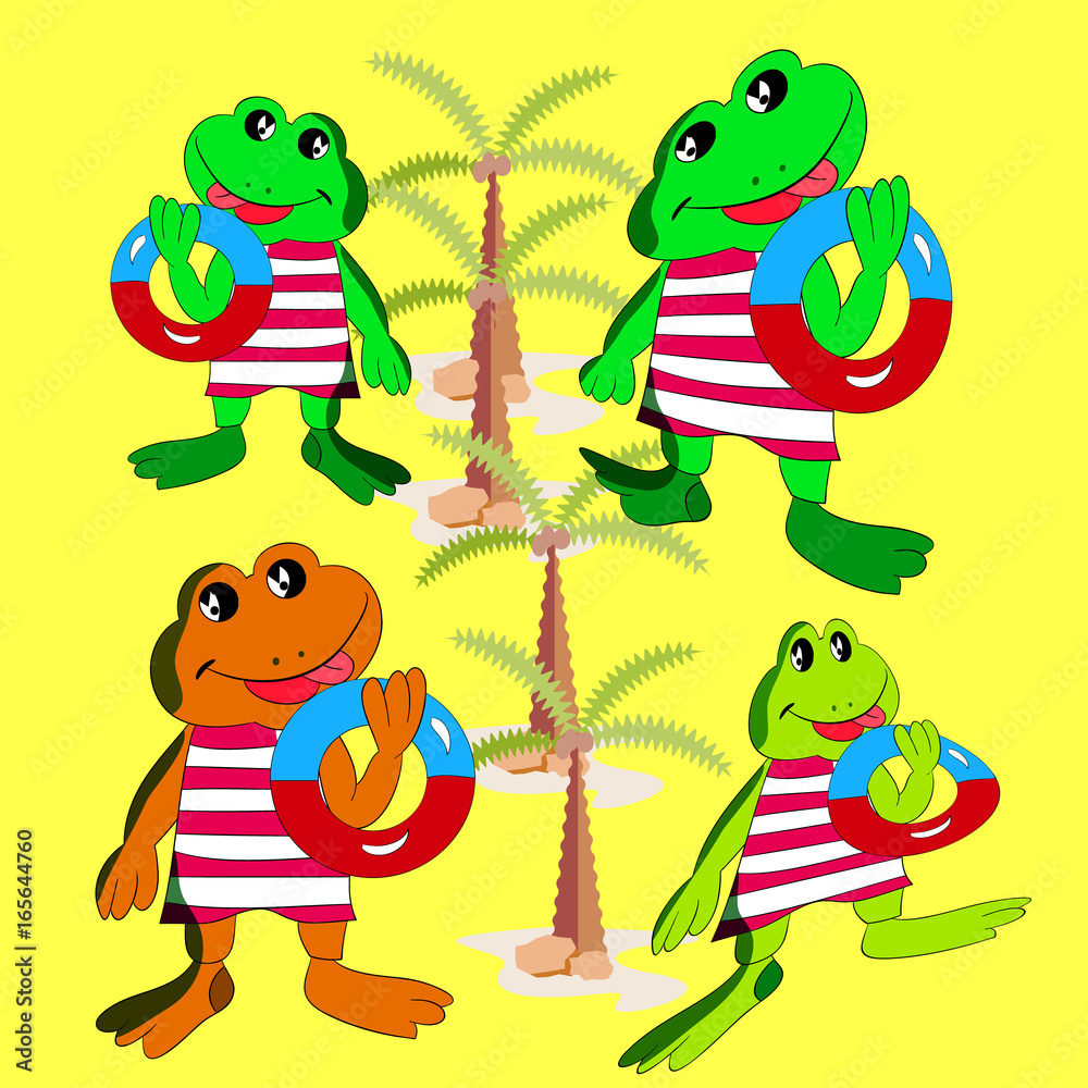 Naklejka premium Collection of merry frogs with a bathing circle in the hand, a cartoon on a background zolot.