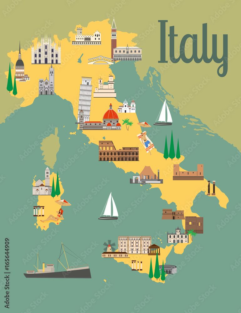 Italy travel map with sights flat style vector illustration. Popular buildings for tourists.
