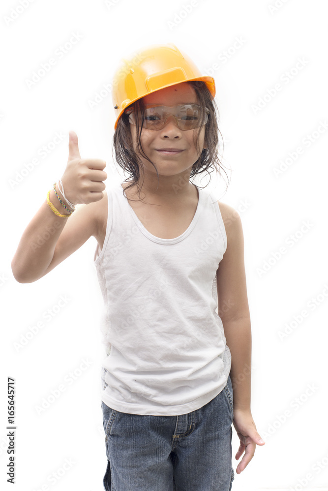 Asian boy orange safety helmet isolated on white background Asian boy orange safety helmet isolated on white background
