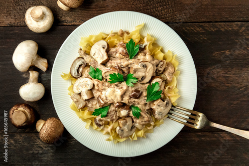 Fotografie Mushroom beef stroganoff with egg pasta and copy space