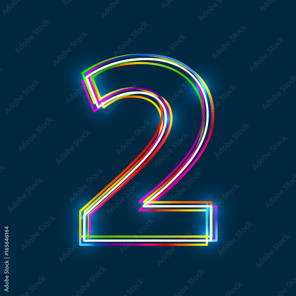 Number 2 - Vector multicolored outline font with glowing effect isolated on blue background. EPS10 - obrazy, fototapety, plakaty 