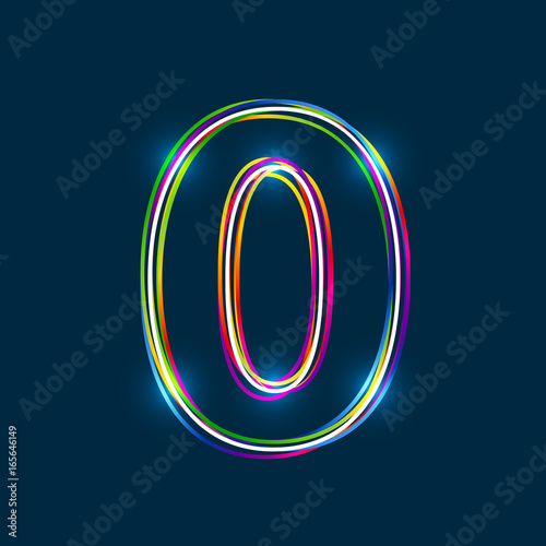 Number 0 - Vector multicolored outline font with glowing effect isolated on blue background. EPS10