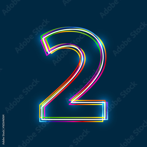 Number 2 - Vector multicolored outline font with glowing effect isolated on blue background. EPS10