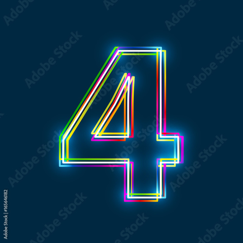 Number 4 - Vector multicolored outline font with glowing effect isolated on blue background. EPS10