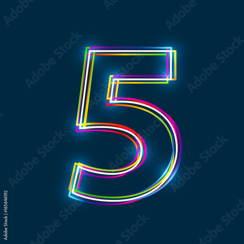 Number 5 - Vector multicolored outline font with glowing effect isolated on blue background. EPS10
