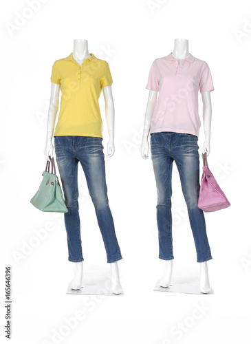 full-length two female mannequin shirt dressed in jeans,bag-white background