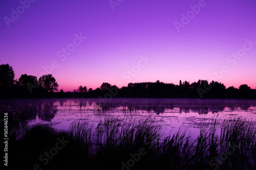 Magical purple sunrise over the lake. Misty morning, rural landscape, wilderness, mystical feeling