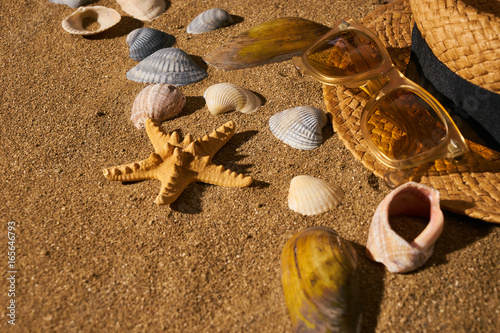 Straw hat and sun glasses on the tropical sandy beach with many little seashells.