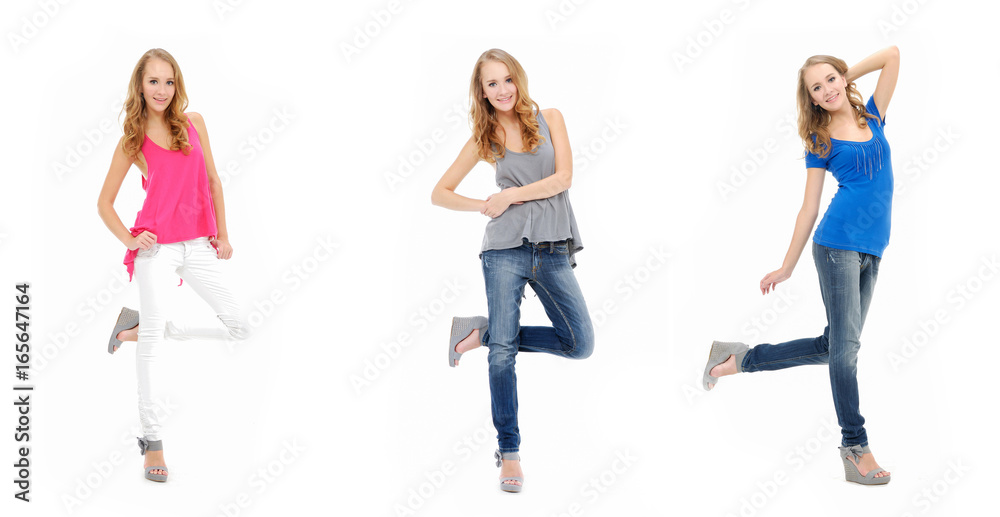 Beautiful woman wearing colorful shirt clothes, jeans posing on white background. 