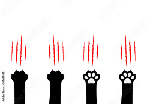 Cat claw scratching set. Black paw print leg foot. Bloody claws animal red scratch scrape track. Cute cartoon character body part silhouette. Baby pet collection. Flat Isolated. White background.