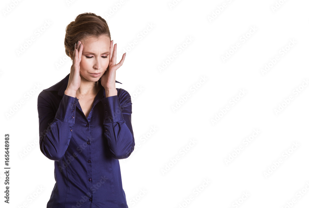 Beautiful woman having a headache on a white background Beautiful woman having a headache on a white background