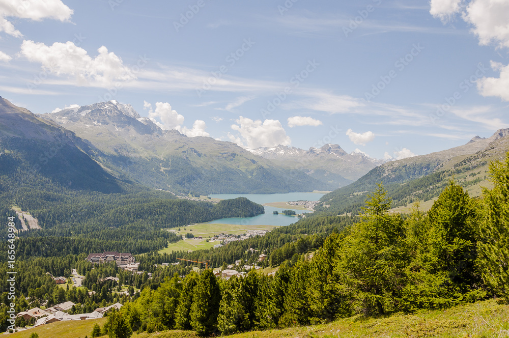 St. Moritz, Dorf, Engadin, Oberengadin, Wanderweg, Alpen, Seenplatte, Champfèr, See, Champfèrsee, Silvaplanersee, Graubünden, Sommer, Schweiz