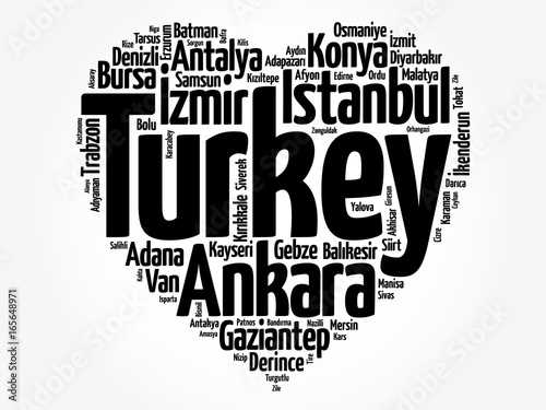 List of cities and towns in Turkey composed in love sign heart shape, word cloud collage, business and travel concept background photo