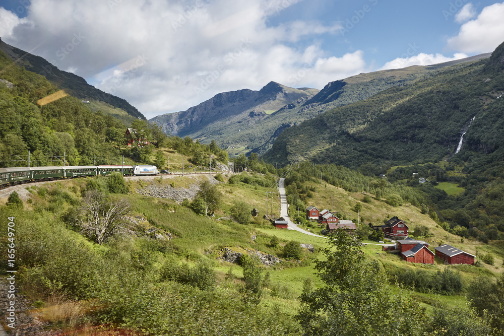 Fototapeta premium Flam railway landscape. Norwegian tourism highlight. Norway landmark.