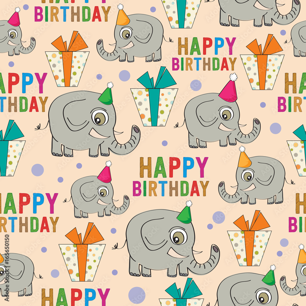 Wall Mural birthday seamless pattern with elephants and gifts
