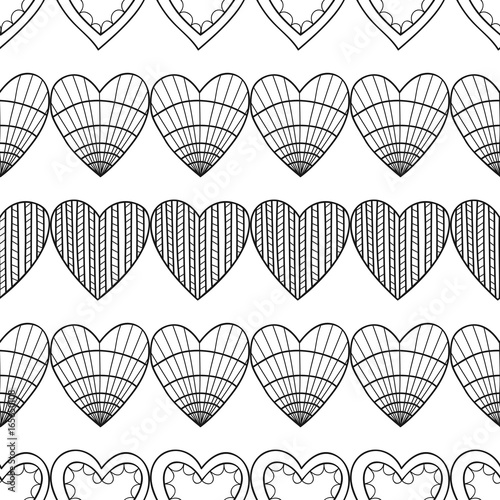 Decorative hearts. Black and white seamless illustration, pattern for coloring book, page