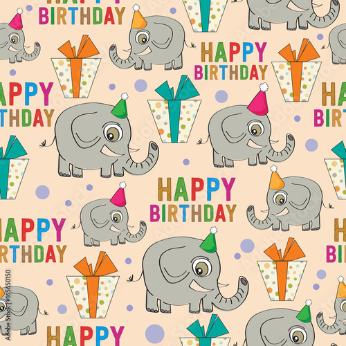 Photography birthday seamless pattern with elephants and gifts