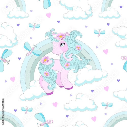 Seamless pattern with cute unicorn. Beautiful background. Vector illustration.