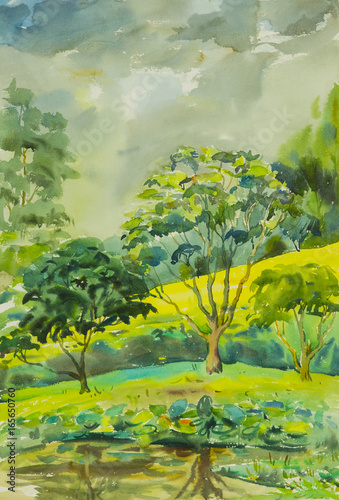 Landscape painting colorful of Trees along the pond and emotion