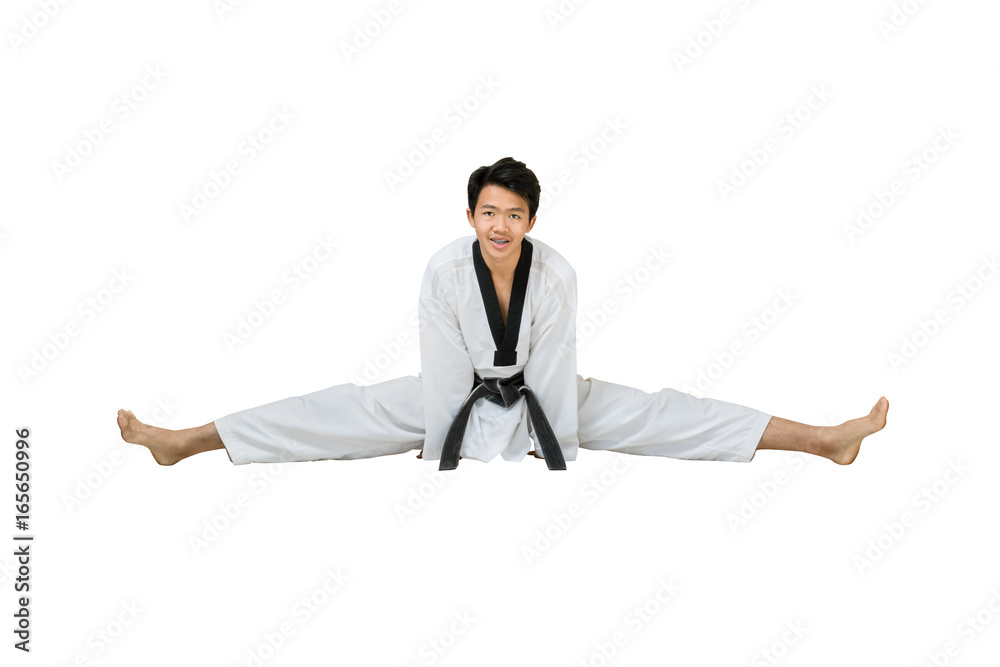 Portrait of an asian professional taekwondo black belt degree (Dan)  stretching his body. Isolated full length on white background with copy  space and clipping path Stock Photo | Adobe Stock