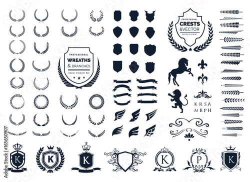 Vintage crest logo element set, Coat of arms, Award laurel wreaths and branches ,vector illustration.