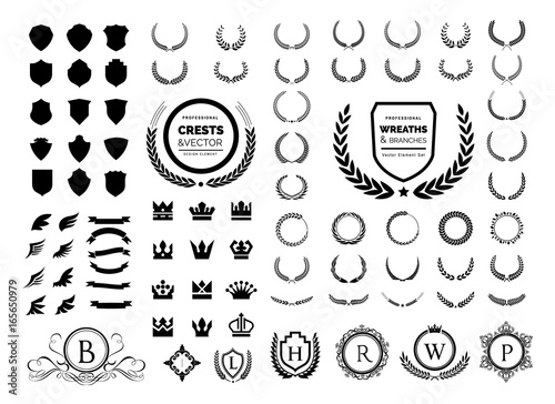 Luxury logo set. Crest logo element, Crown, Wing, Emblem, Heraldic Monogram. Vintage logo design elements.